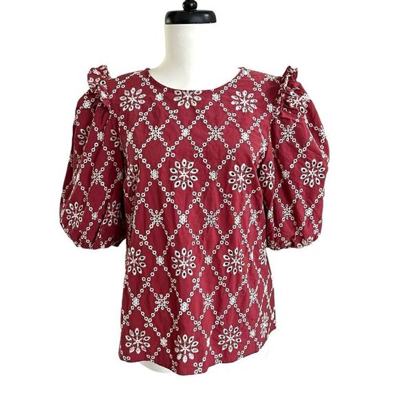 The Impeccable Pig Cottagecore Embroidered Floral Blouse M eyelet lace Boho Top - Picture 1 of 13